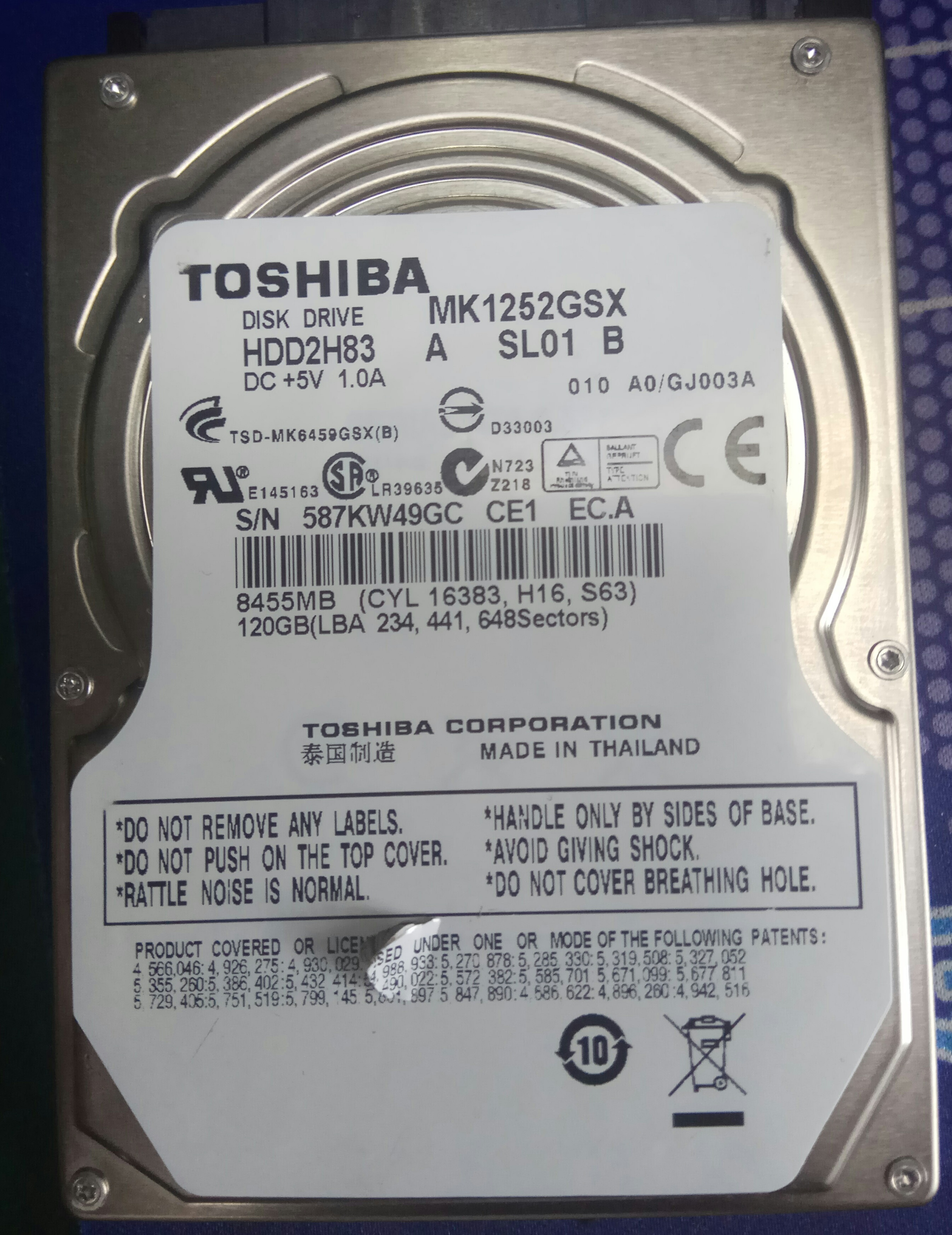 赵先生120G东芝硬盘开盘恢复成功