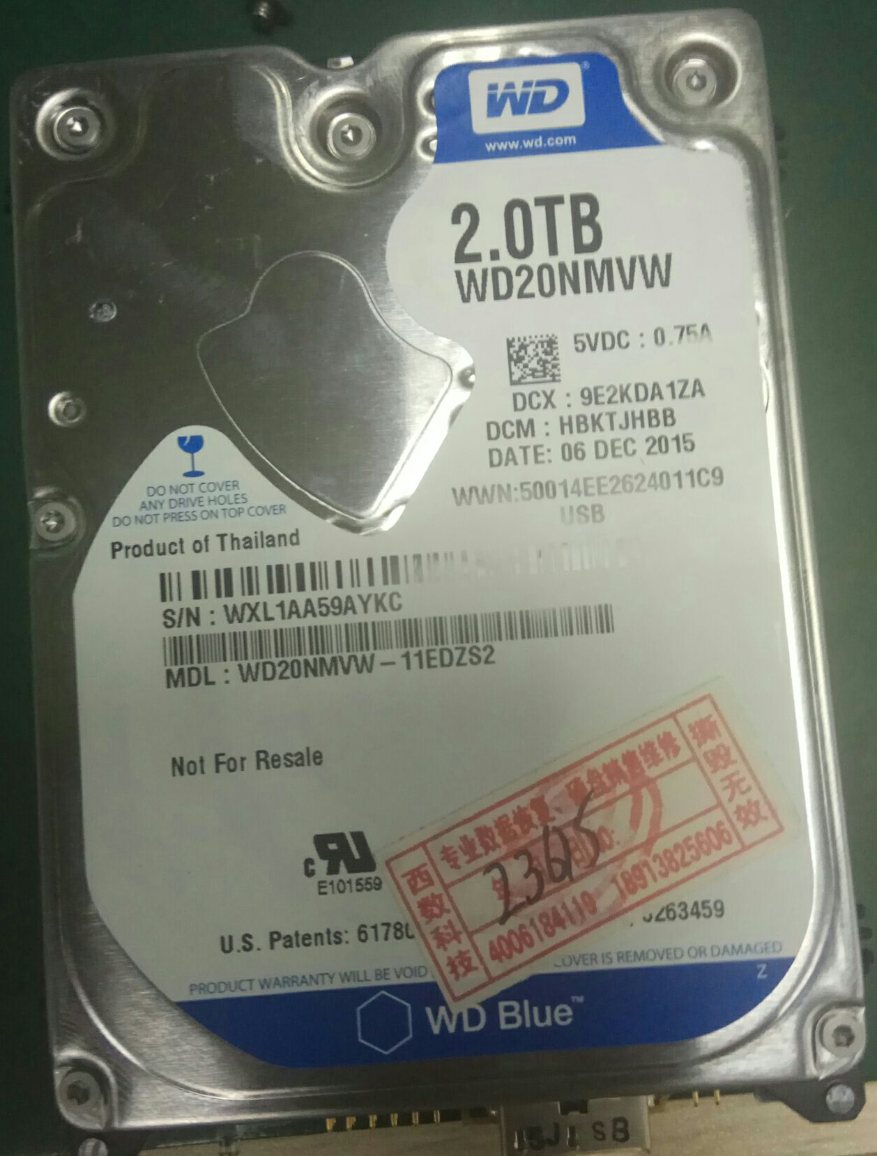 时先生2TB西数移动硬盘开盘数据恢复成功
