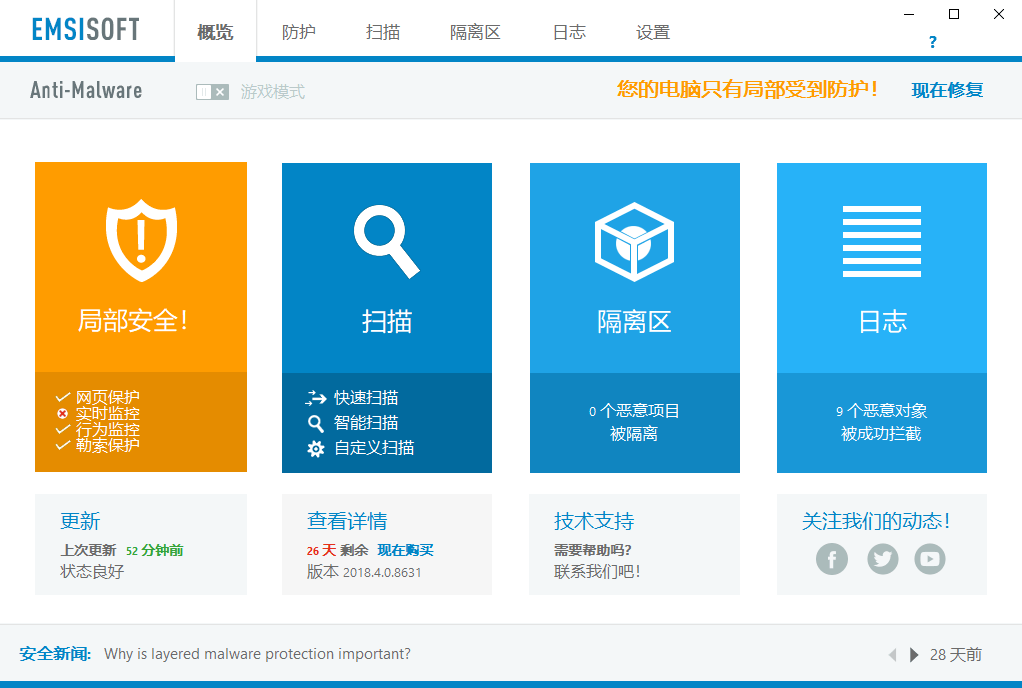 Emsisoft Anti-Malware每天至少提供24次新的检测签名，确保实现佳保护